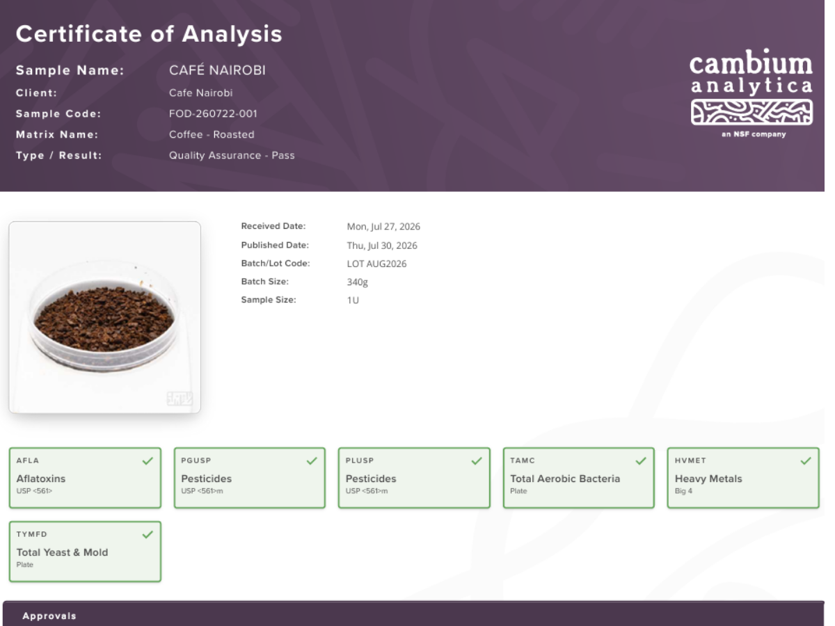 Certificate of Analysis document for CAFE NAIROBI coffee roasted by cambium analytics, featuring a small photo of dark roasted coffee beans in a clear container on a white and purple layout.